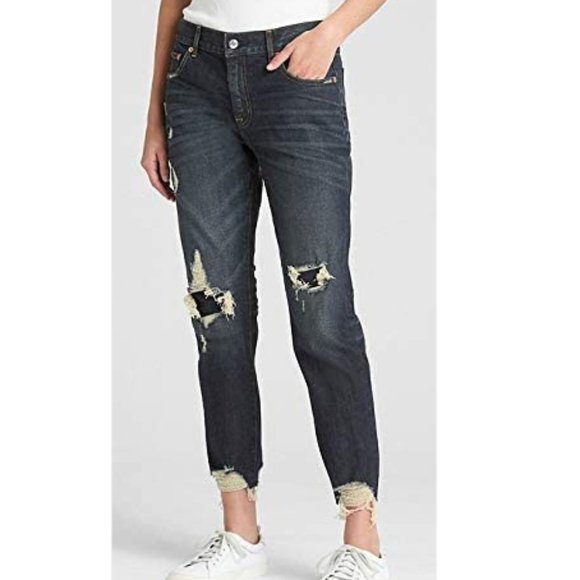 GAP Women's Dark Blue Mid Rise Distressed Girlfriend Jeans * - Picture 1 of 9